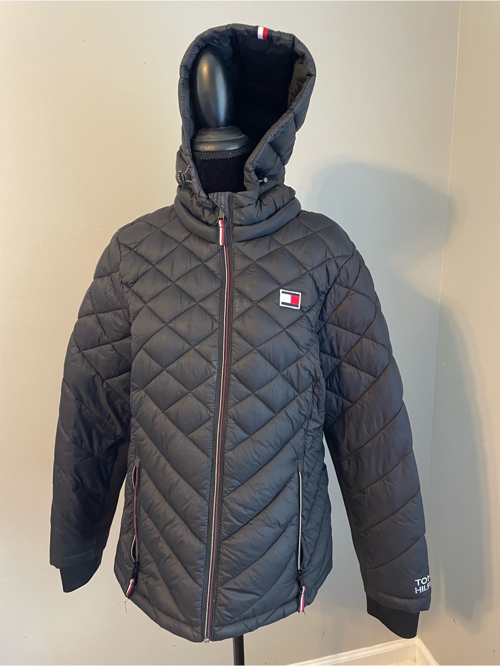Tommy Hilfiger Black Quilted Hooded Puffer Jacket with Logo Trim